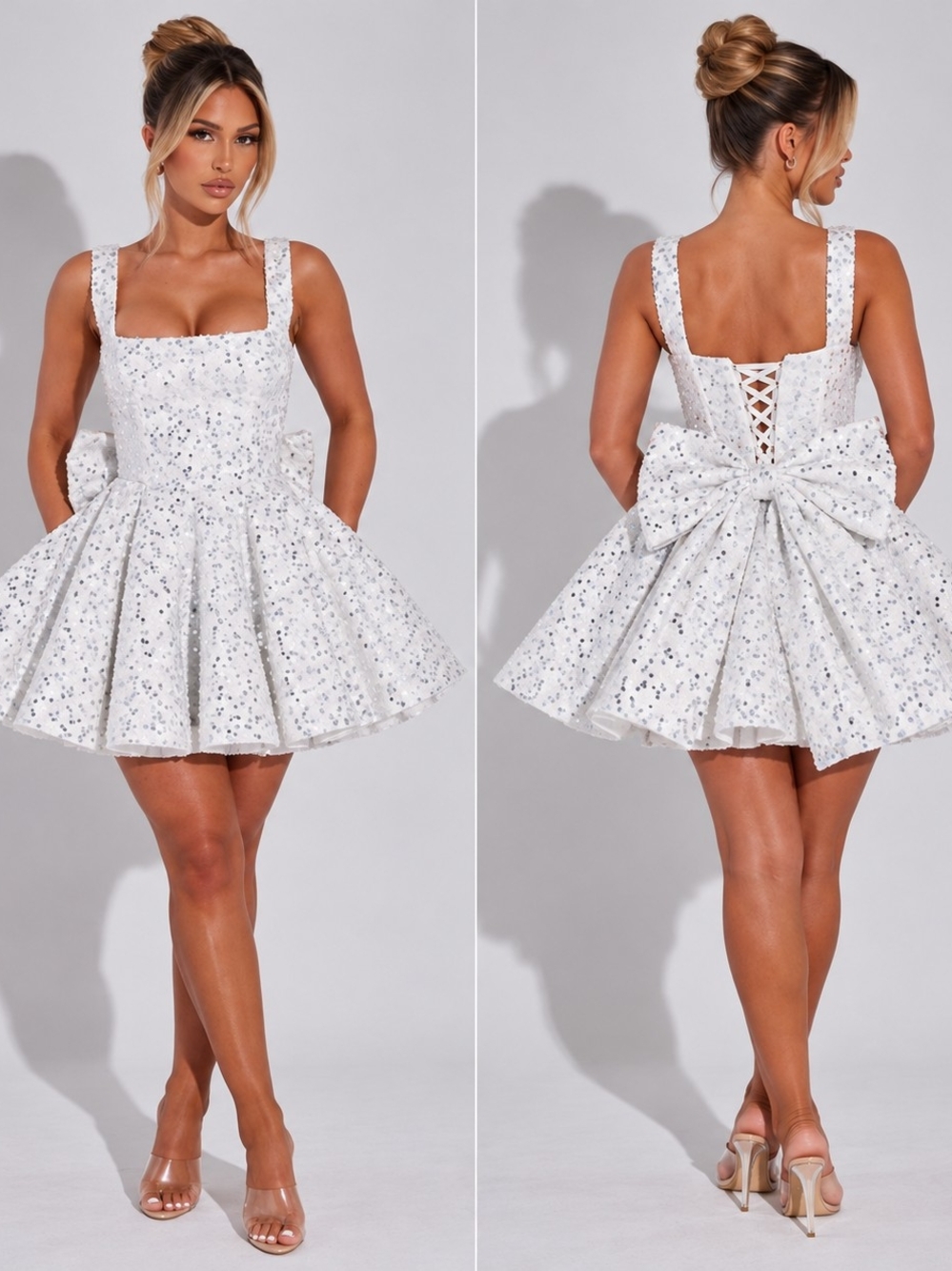 WHITE Silver Sequin Short Mini Dress 16 Bow Skater Prom Homecoming HoCo Dance XL